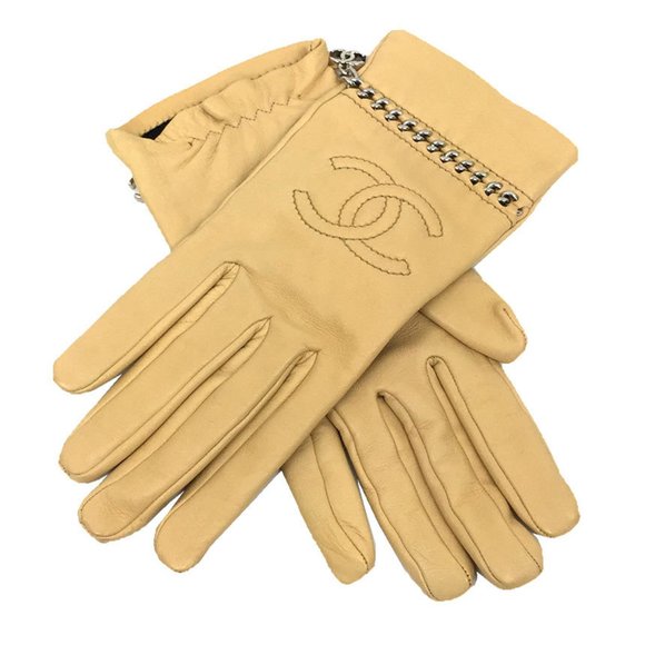 CHANEL Leather Gloves Coco Mark Chain Beige Nappa Women's Small Chanel aq9901 10 - Picture 1 of 3